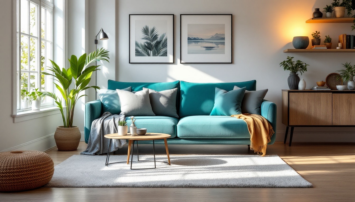 sala de estar con sofa azul y decoracion minimalista en un espacio luminoso